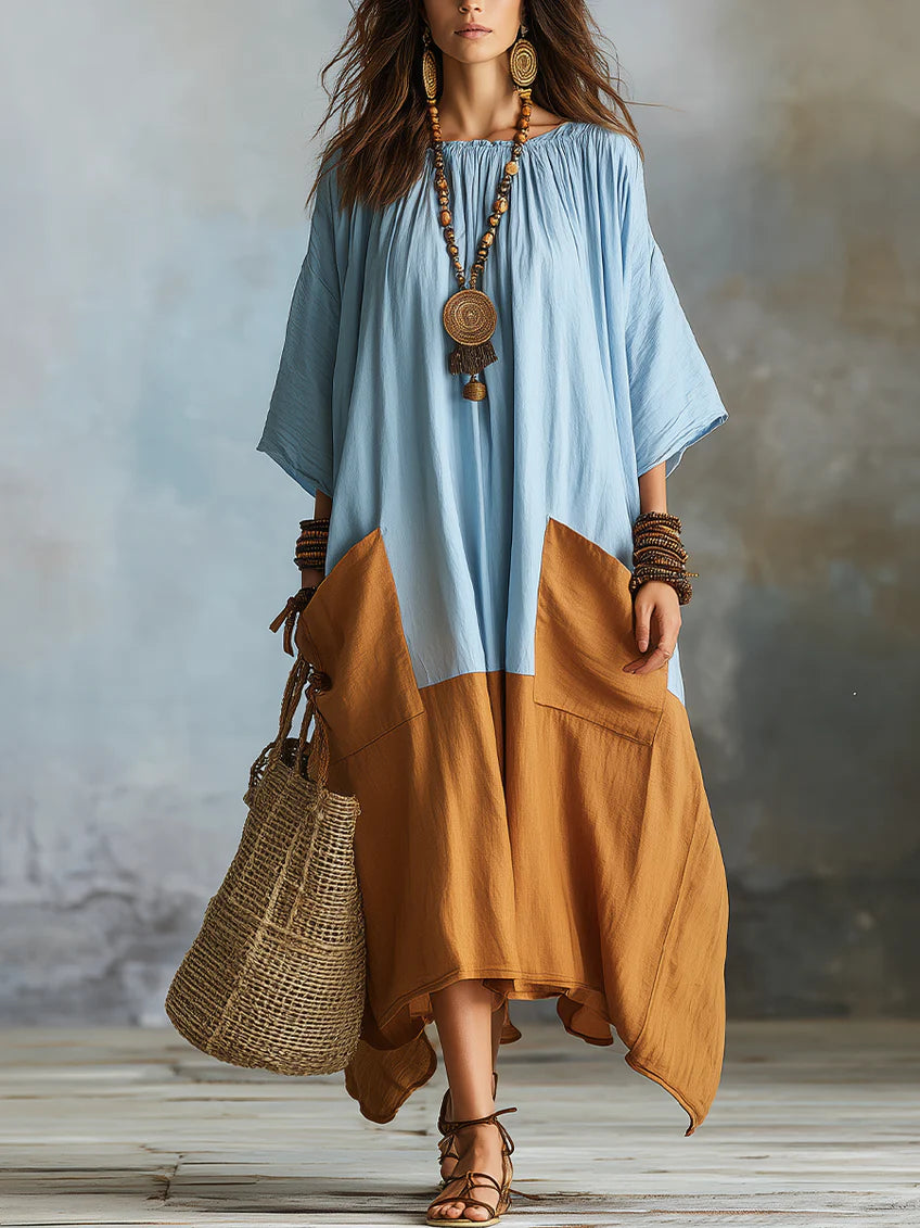 Women's Color-block Loose-fit Flared Cotton-linen Dress