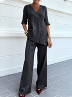 Women's Irregular Loose Solid Color Short-sleeve Wide-leg Pants Two-piece Set