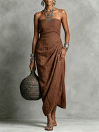 Women's Elegant Strapless Ruched Linen Cotton Dress
