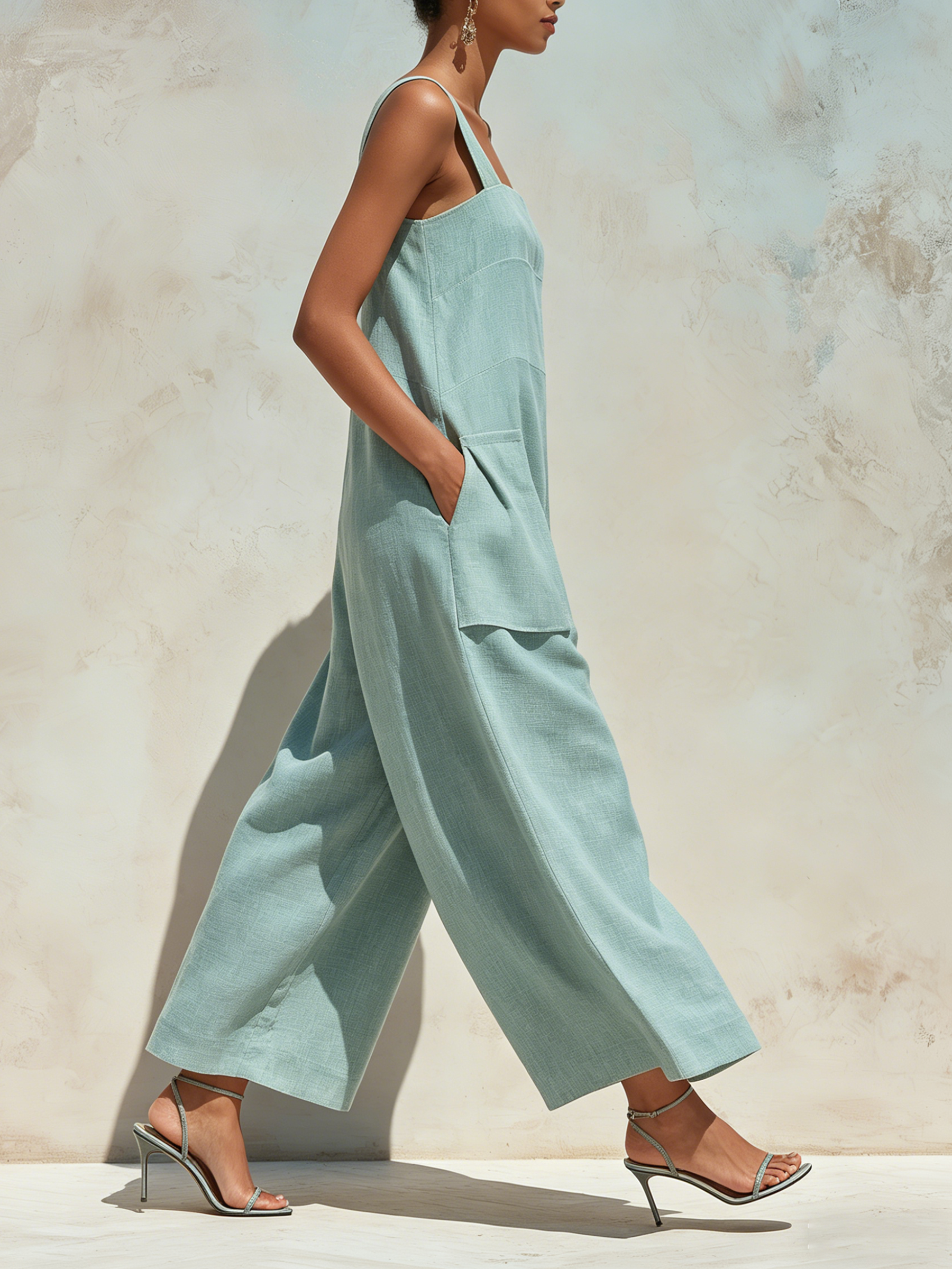 Light Blue Linen-Blend Wide-Leg Overalls | Square Neck Sleeveless Jumpsuit