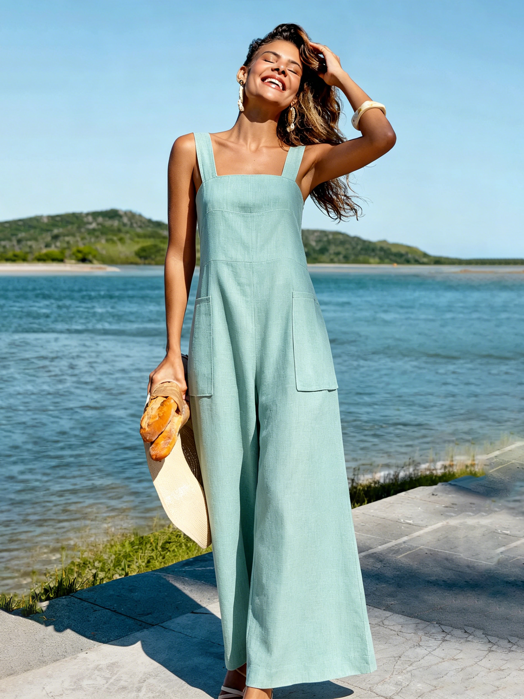 Light Blue Linen-Blend Wide-Leg Overalls | Square Neck Sleeveless Jumpsuit