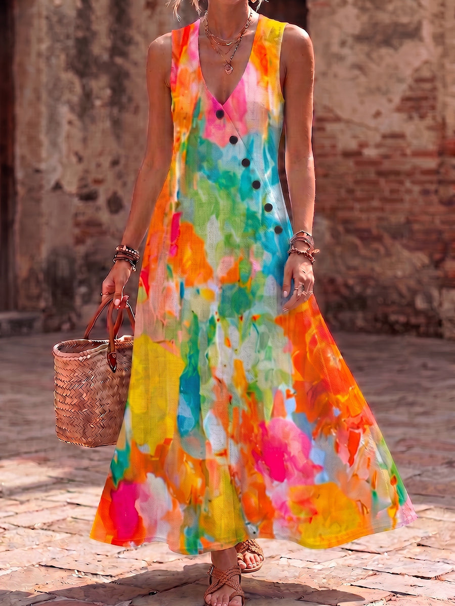 Artistic Watercolor Palette-print Cotton-linen Dress