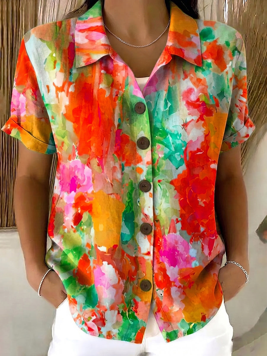 Artistic Watercolor Floral Print Cotton-linen Blouse
