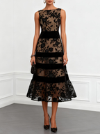 Black Mesh Lace Boat Neck Sleeveless A-Line Midi Dress