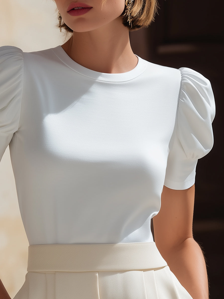 Short Puff Sleeve Fitted Knit Top