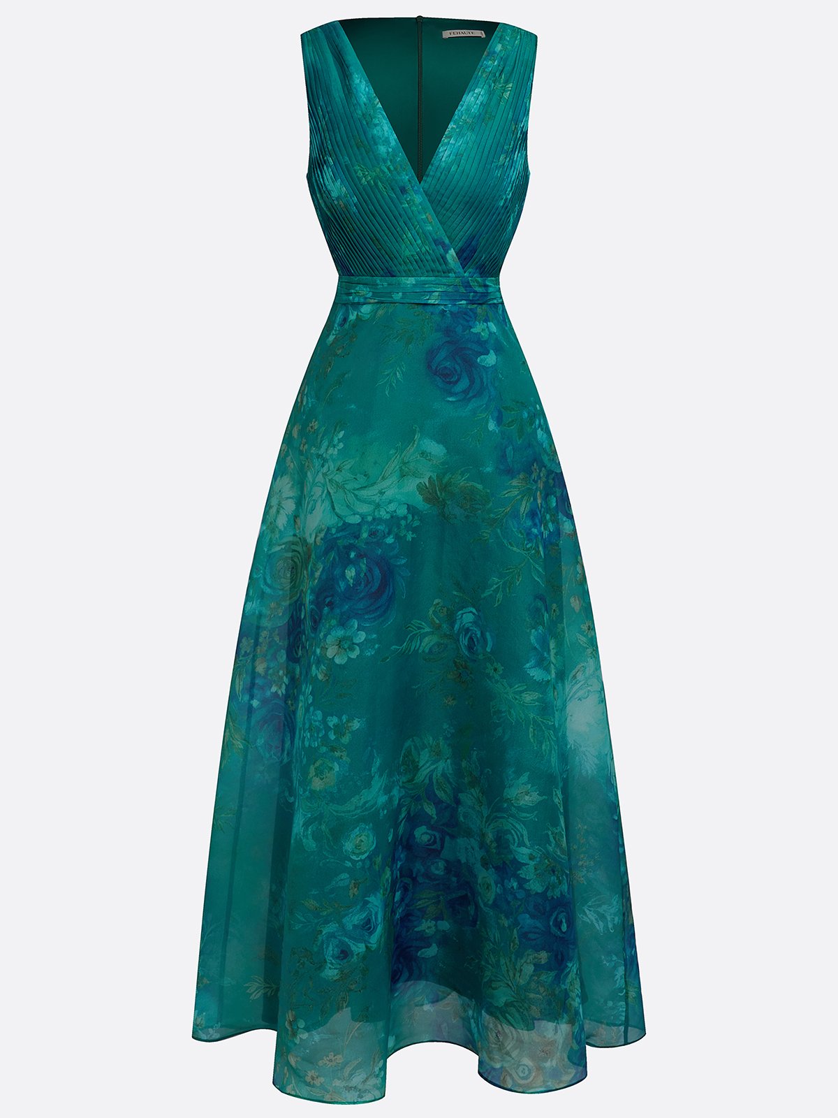 Green Floral Ruched Chiffon V Neck Sleeveless A-Line Maxi Dress