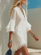 Bohemian White V-neck Lace Tassel Loose Mini Dress