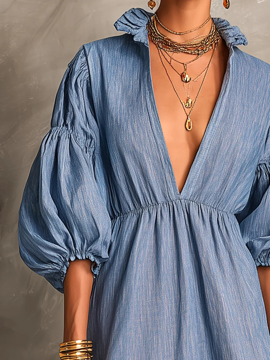 Dark Blue Deep V-neck Half Lantern Sleeve Ruffled Loose Mini Dress