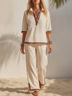 Women's Casual Striped Decorative Top With Wide-leg Cotton And Linen Pants Set