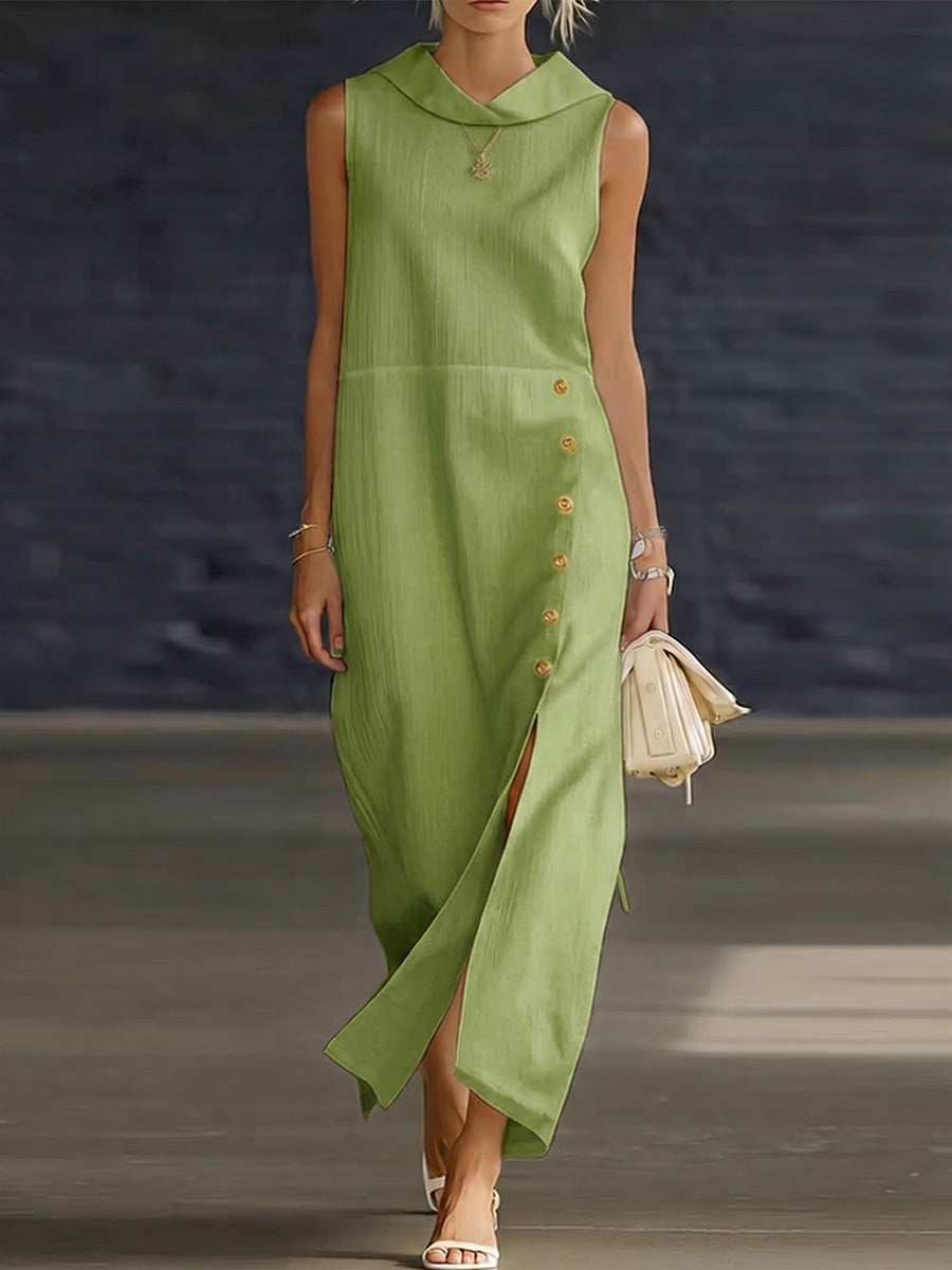Women's Solid-color Lapel Sleeveless Casual Loose Cotton-linen Dress
