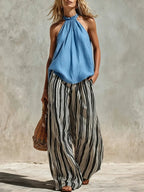 Women's Casual Halter Top And Striped Pants Set