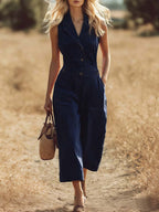 Women's Solid Color Lapel Sleeveless Casual Loose Cotton Jumpsuit
