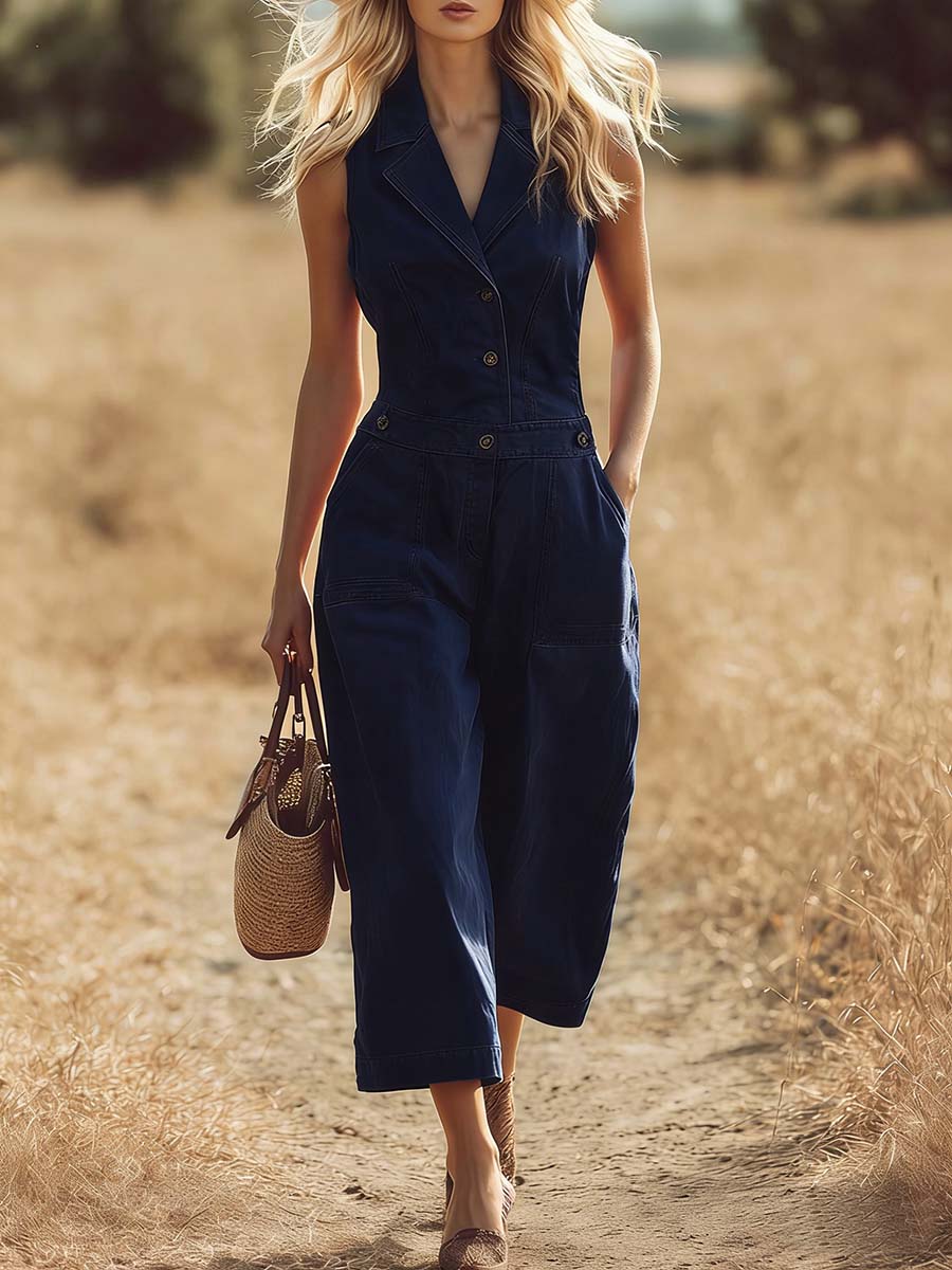 Women's Solid Color Lapel Sleeveless Casual Loose Cotton Jumpsuit