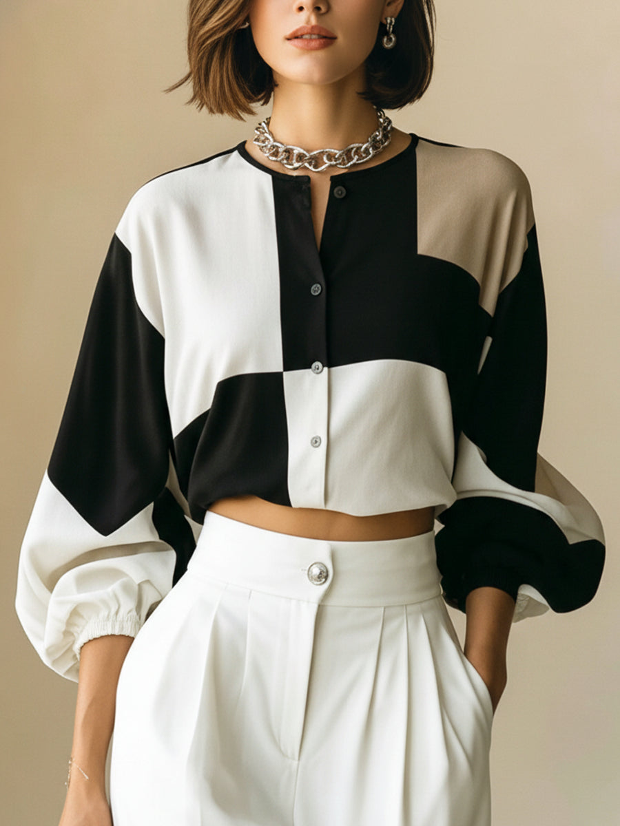 Commuter Color Block Long-Sleeved Top And Straight Leg Pants Set