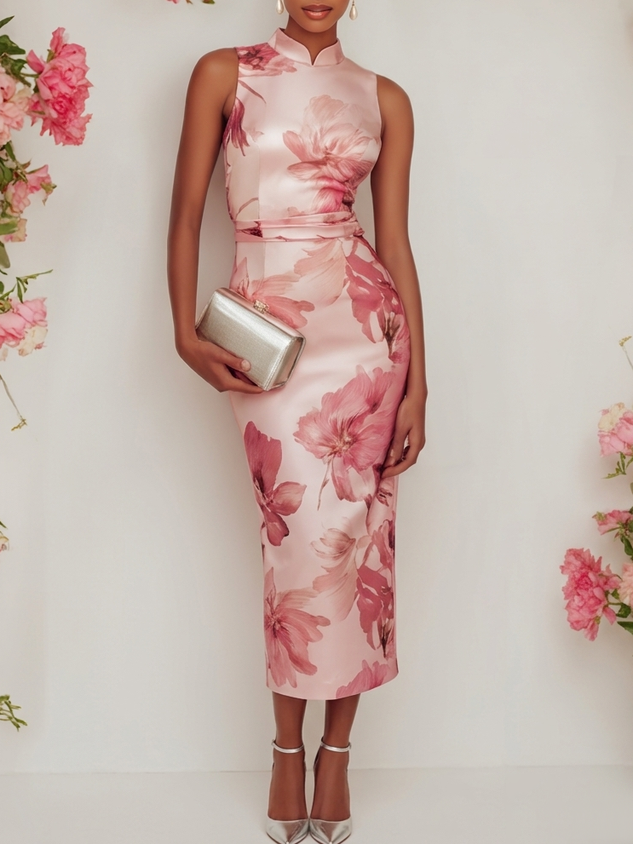 Pink Floral Satin Mock Neck Sleeveless Sheath Midi Dress