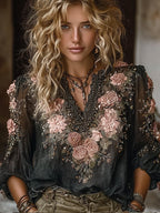Bohemian Style Pink Rose Black Casual V-neck Long Sleeved Top