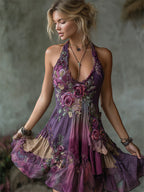 Classy Purple Roses Embroidered Flowy Wide Skirted Linen Dress