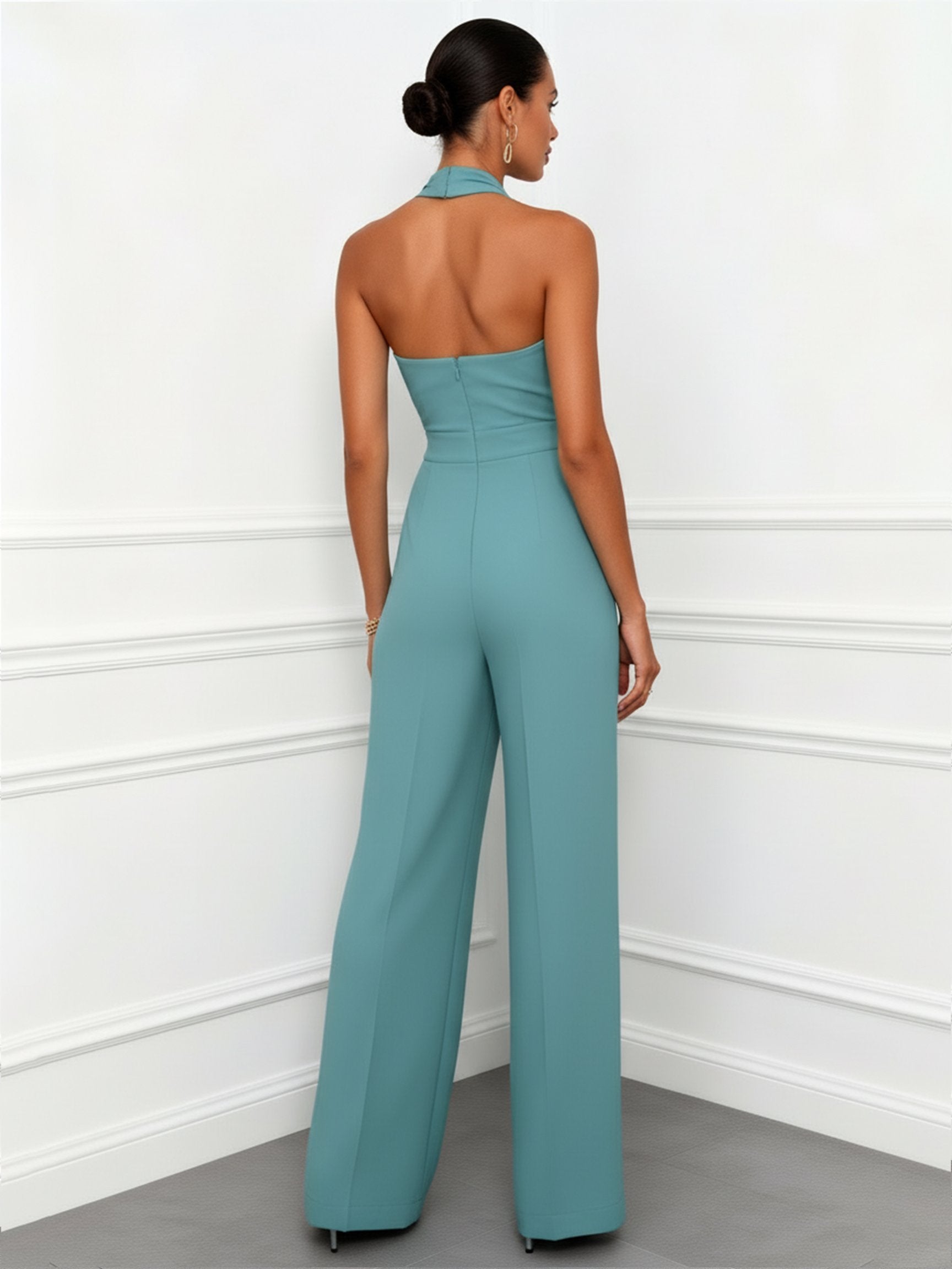 Women Cyan Halter Sleeveless Dressy Jumpsuit