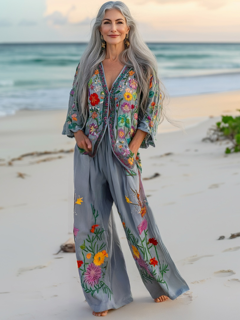 Vacation seaside elegant embroidery top + pant two piece set
