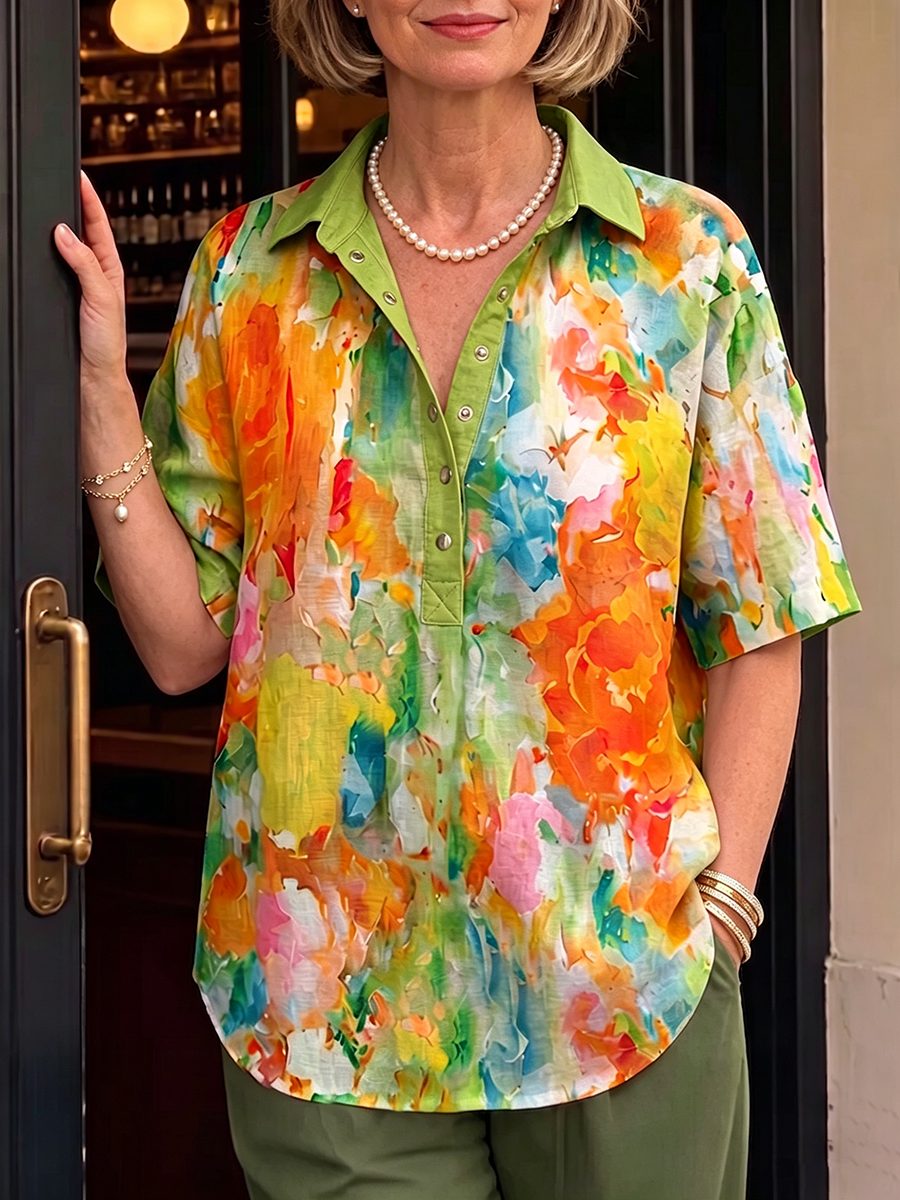Casual Snap Buttons Watercolor Print Cotton-linen Blouse