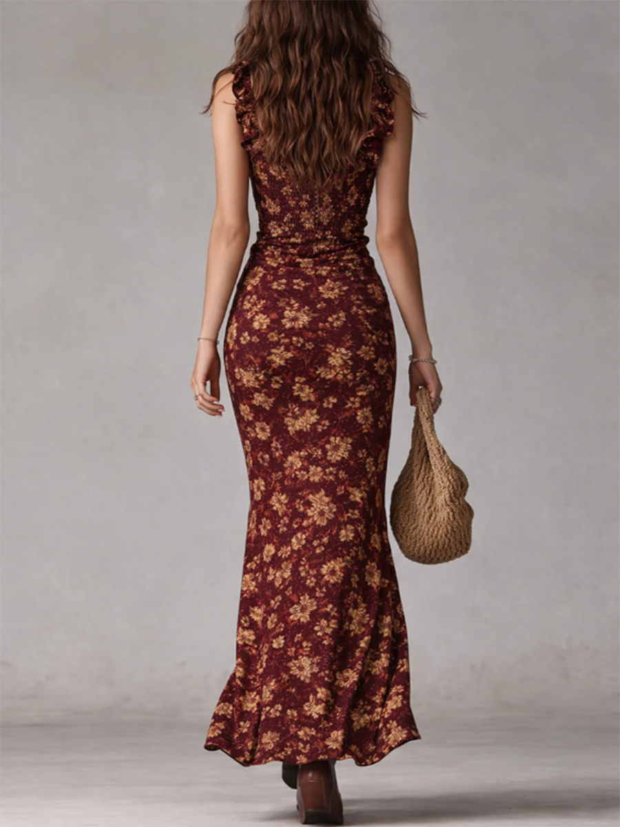 Retro Retro Boho Floral Print Asymmetrical Hem Maxi Dress