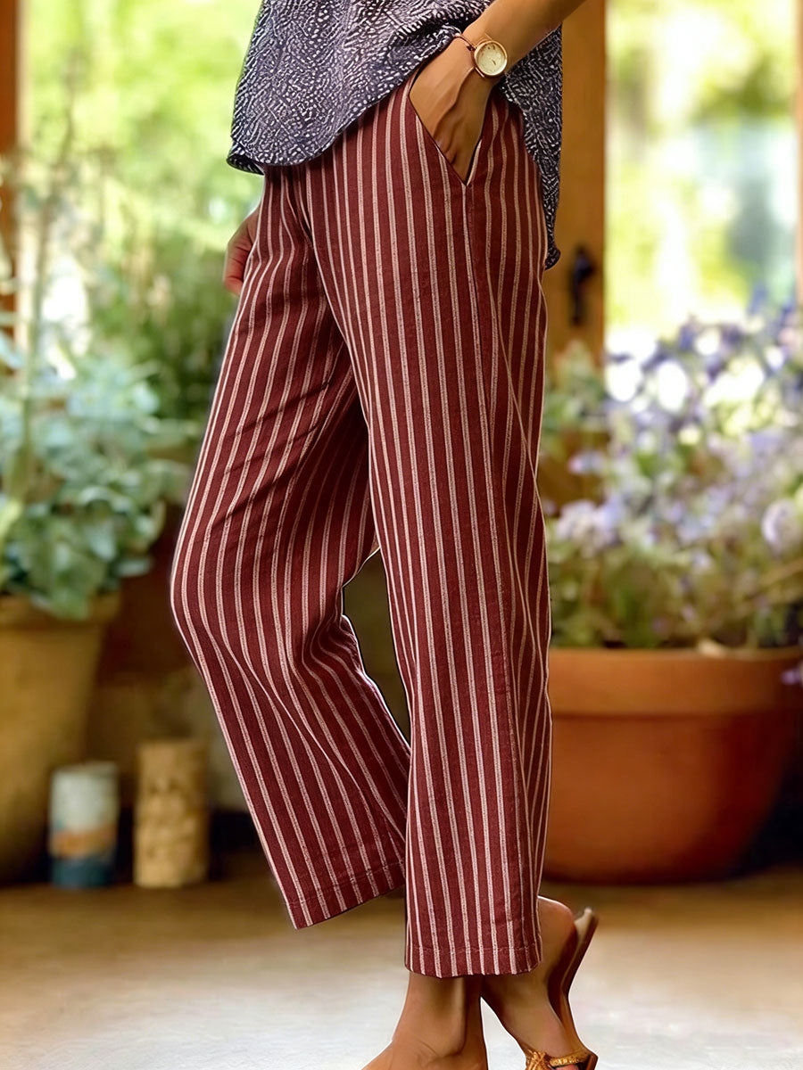 Women's Stripe Cotton-linen Solid Color Elastic Waist Pockets Straight Leg Loose-fit Casual Trousers