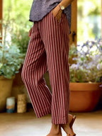 Women's Stripe Cotton-linen Solid Color Elastic Waist Pockets Straight Leg Loose-fit Casual Trousers
