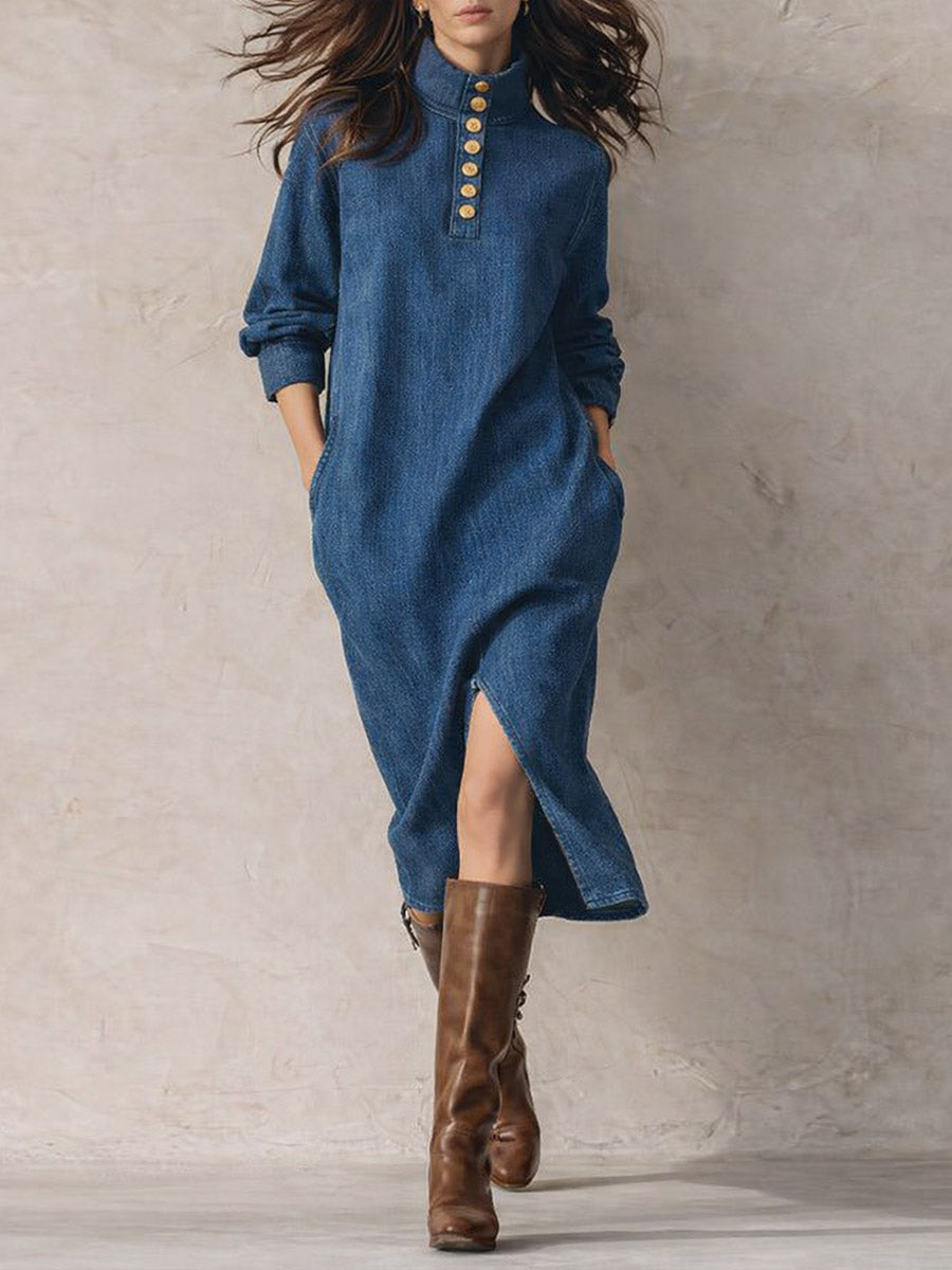 Women's Stand-collar Long-sleeved Casual Loose Denim Dress