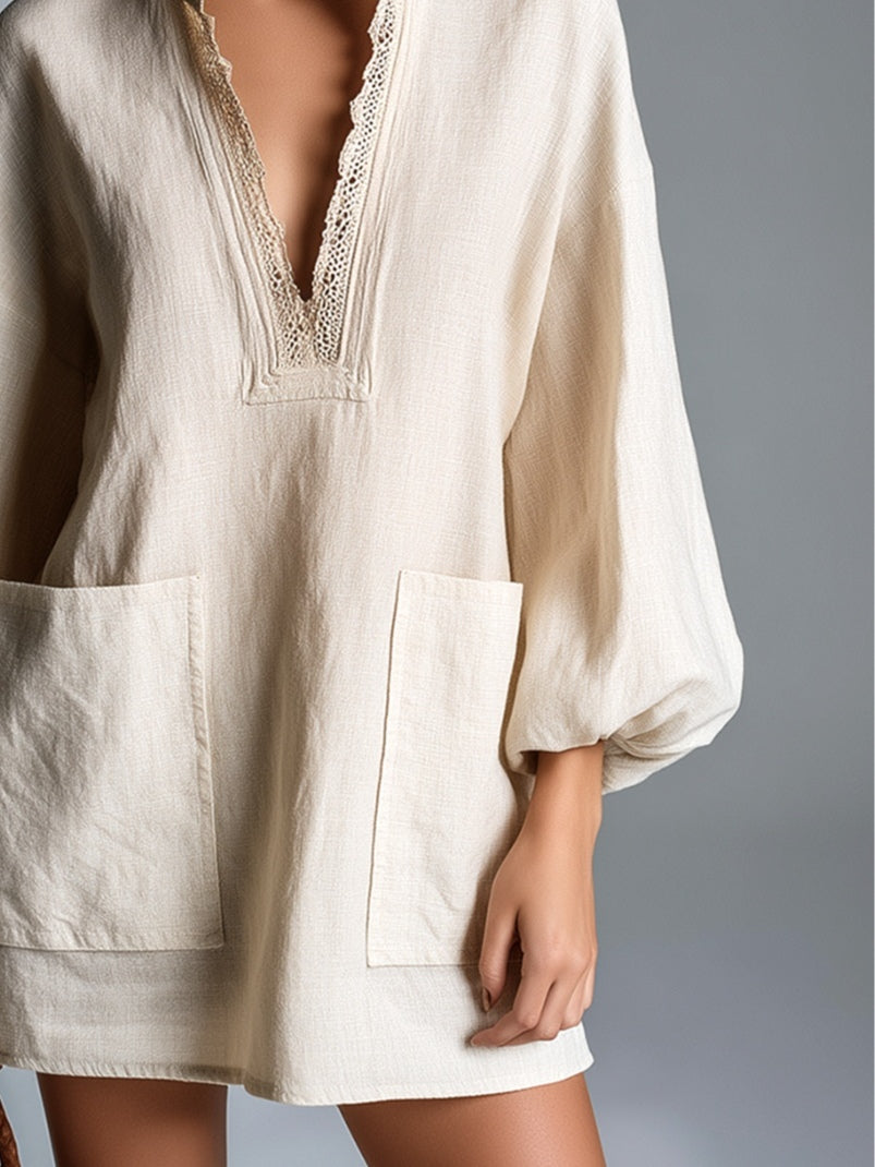 Beige V-neck Lace-trimmed Lantern Sleeve Patch Pocket Loose Mini Dress