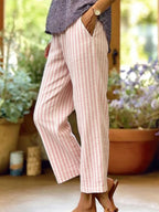 Women's Stripe Cotton-linen Solid Color Elastic Waist Pockets Straight Leg Loose-fit Casual Trousers