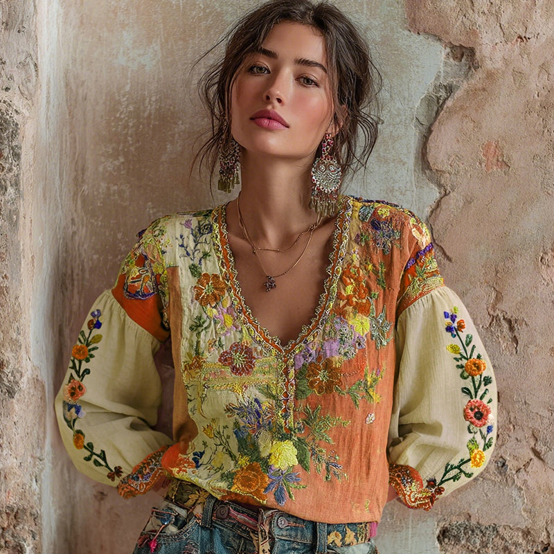 Women's Bohemian Floral Embroidery Art V-neck Contrast Color Long Sleeve Linen Blend T-shirt