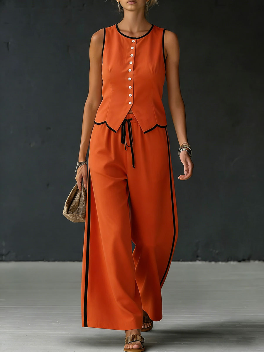 Women's Color-blocked Sleeveless Single-breasted Vest And Drawstring Trousers Set