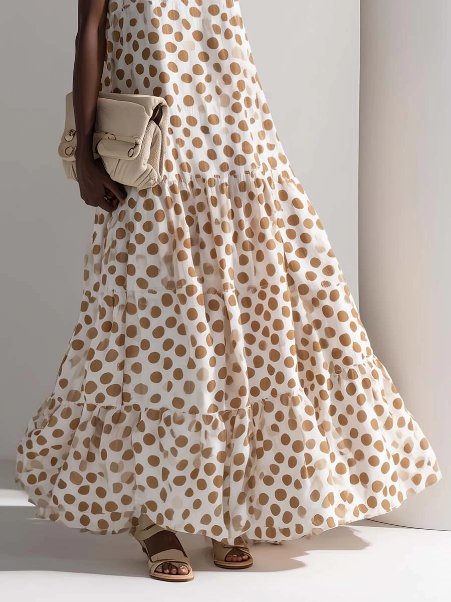 Retro Polka Dot Print Multi-layered Hem Maxi Dress