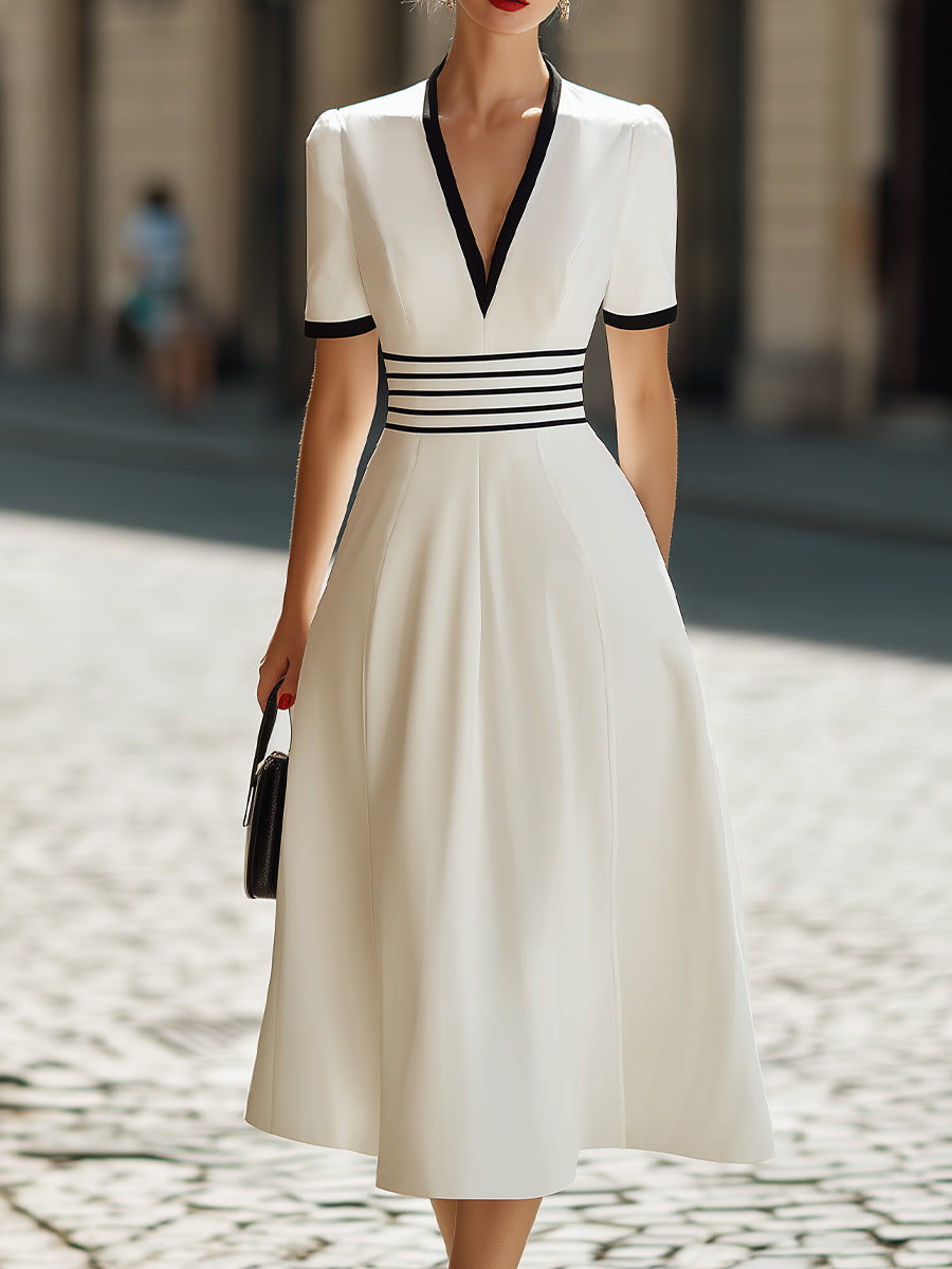 Deep V-Neck Black Trim Short-Sleeve A-Line Midi Dress