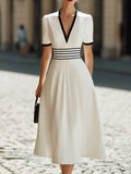 Deep V-Neck Black Trim Short-Sleeve A-Line Midi Dress