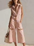 Stylish Casual Two-piece Set: Sleeveless Cotton Hoodie With Zipper And Pants