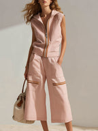 Stylish Casual Two-piece Set: Sleeveless Cotton Hoodie With Zipper And Pants
