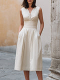 Structured V-Neck Pleated Waist A-Line Midi Dress