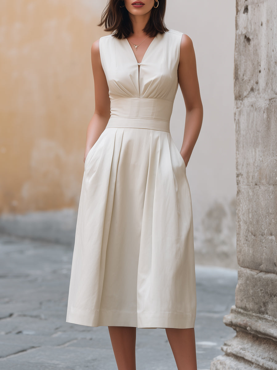 Structured V-Neck Pleated Waist A-Line Midi Dress