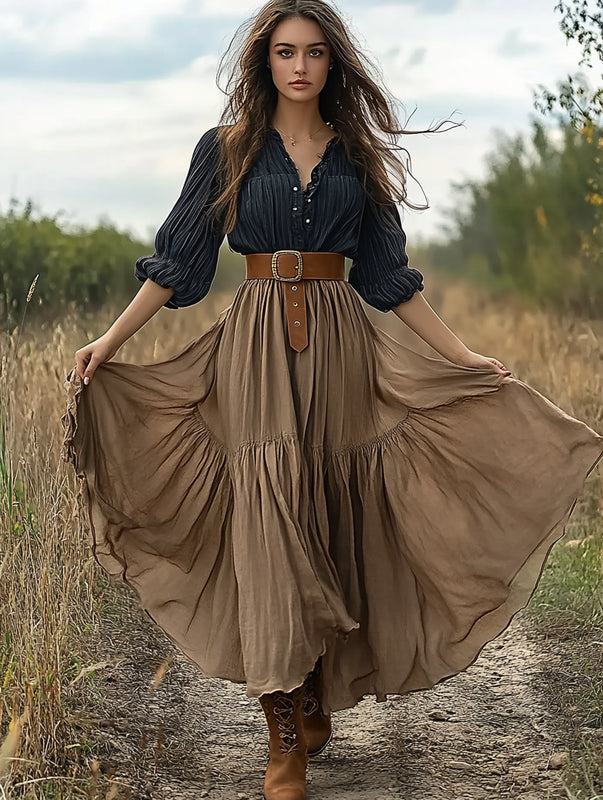 Summer western style contrast top+skirt set 9c45