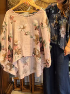 Casual Loose-fitting Floral Print Linen And Cotton Top