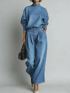 Women's Stand-collar Long-sleeved Casual Loose Denim Top And High-waisted Casual Loose Wide-leg Denim Pants Set.