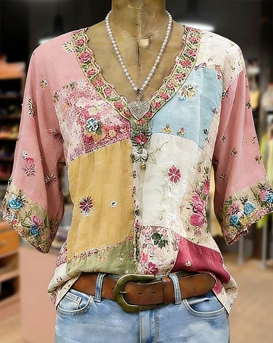 Retro Floral Embroidered V-neck Short Sleeve Cotton Top