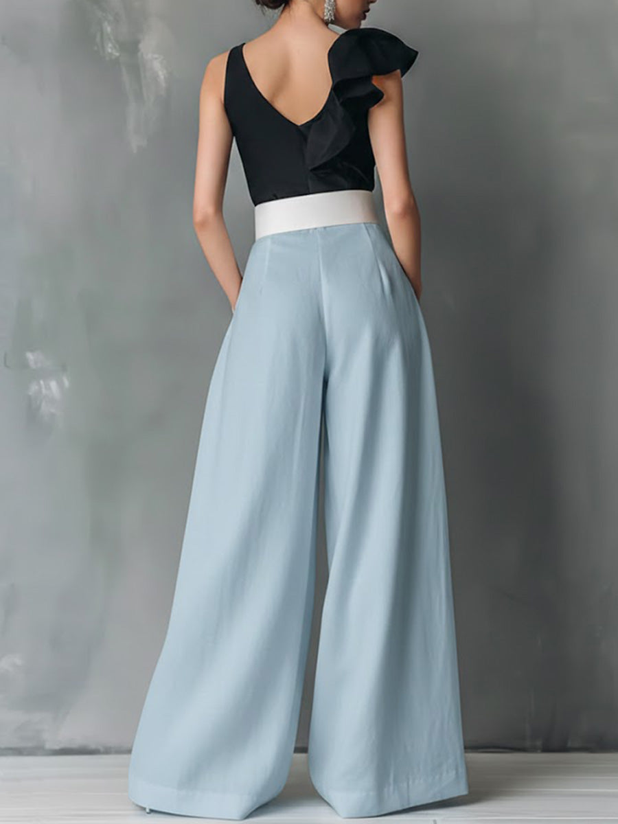 Women's Solid Color High-waisted Casual Loose Cotton Wide-leg Pants