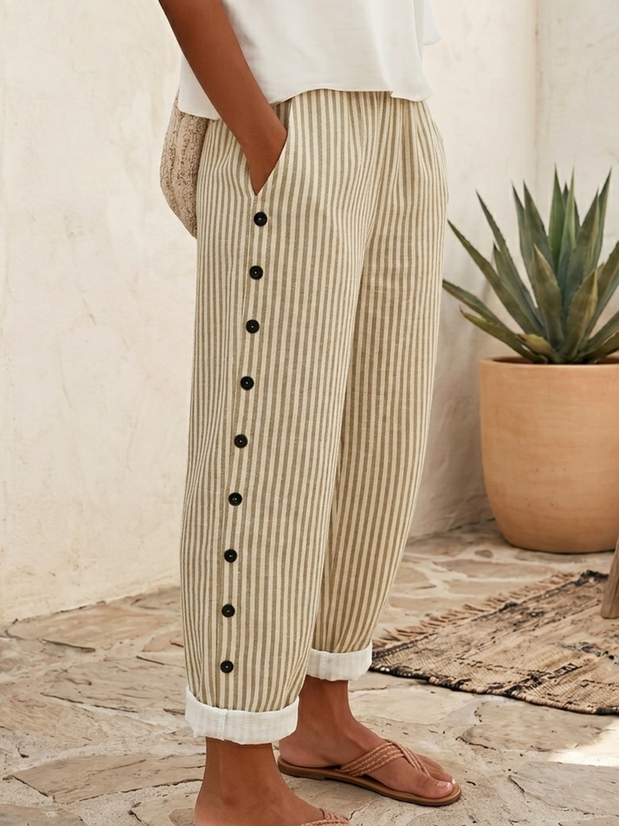 Casual & Cozy Striped Cotton-linen Pants With Side Buttons