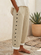 Casual & Cozy Striped Cotton-linen Pants With Side Buttons
