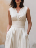 Structured V-Neck Pleated Waist A-Line Midi Dress
