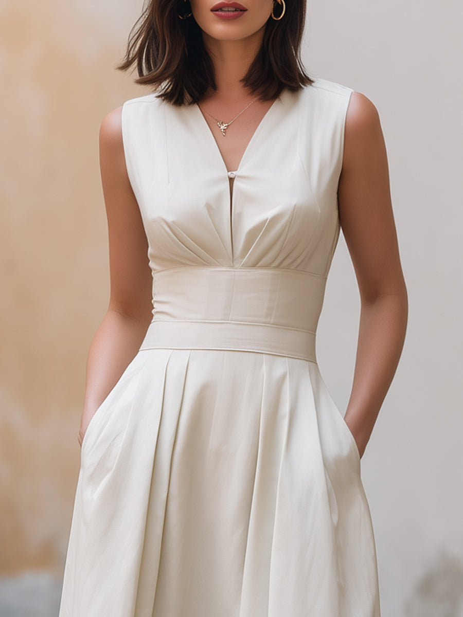 Structured V-Neck Pleated Waist A-Line Midi Dress