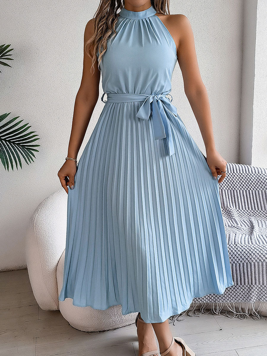 Women's Casual Stand-up Collar Sleeveless Pleated Dress