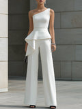 Asymmetric One-Shoulder Peplum Top & Wide-Leg Pants Set